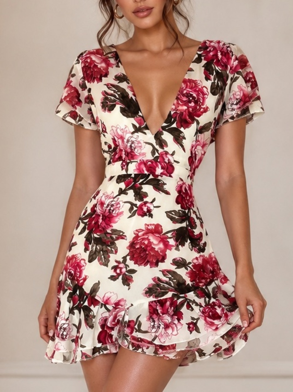 PrettyLittleThing Floral Ruffle Sleeve Mini Dress White Pink Open Back (1419)